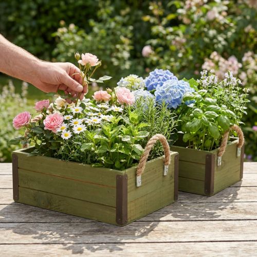 Holz-Blumenkasten Set Grün 2-teilig 24/30cm mit Jutegriffen für Pflanzen und Dekoration | Floristik24.ch