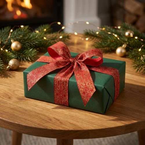 Artikel Geschenkband aus Polyester mit Drahtkante 40 mm x 15 m in Dunkelrot mit goldenem Muster