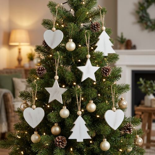 Holzhänger Herz, Stern, Tannenbaum Weiss 5–6cm Set mit 6 Stück | Floristik24.ch