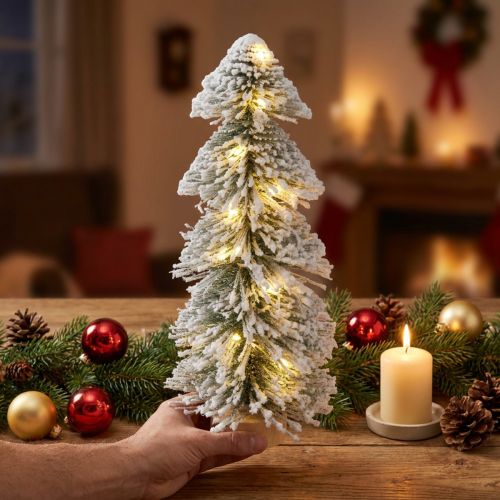 Mini-Weihnachtsbaum mit LED, beschneite Tanne, 40 cm, Holzsockel | Floristik24.ch