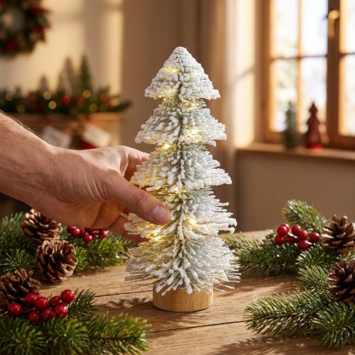 Mini Weihnachtsbaum LED Tanne 28 cm mit Schnee auf Holzsockel | Floristik24.ch