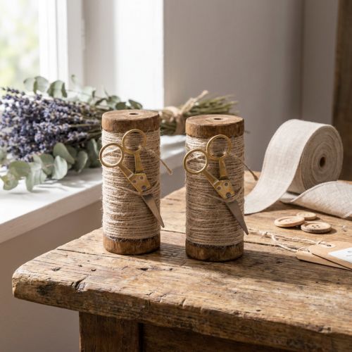 Holz-Garnspulen Set mit Juteband und Dekoschere Ø6,2cm H15cm 2 Stück Vintage-Stil | Floristik24.ch