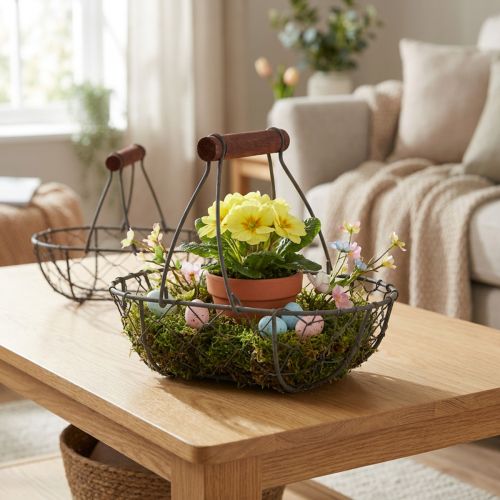 Ovaler Drahtkorb mit Holzgriff aus Metall, Dunkelgrau, 17×11×15 cm, 2er Set | Floristik24.ch