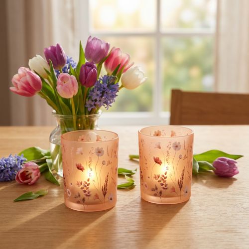 Artikel Deko Windlichter Glas 12,5 cm Blumenmotiv Rosa Weiss 2er Set