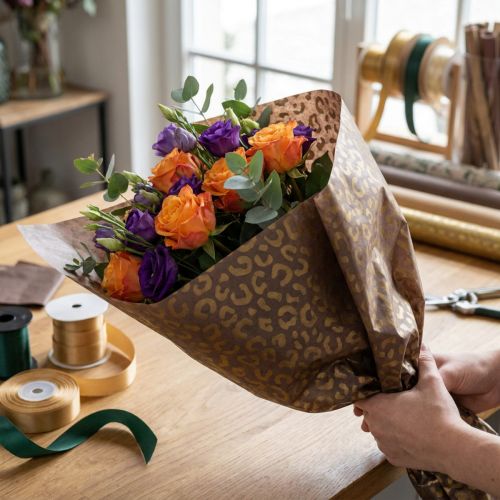 Artikel Blumenseide braun mit goldenem Leopardenmuster nassfest 50 x 75 cm 20 Stück