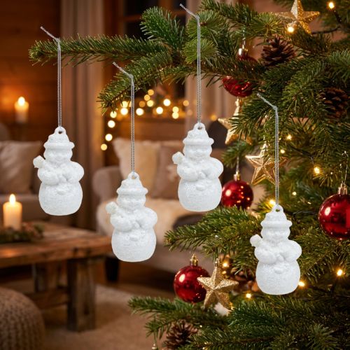 Schneemann-Hänger aus Kunststoff 4,5 cm Weiss mit Glimmer 12er-Set | Floristik24.ch