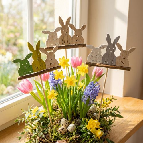 Dekostecker Holz Hase, 3er-Motiv, 37 cm, 8 Stück, Mix aus Natur- und Pastellfarben | Floristik24.ch