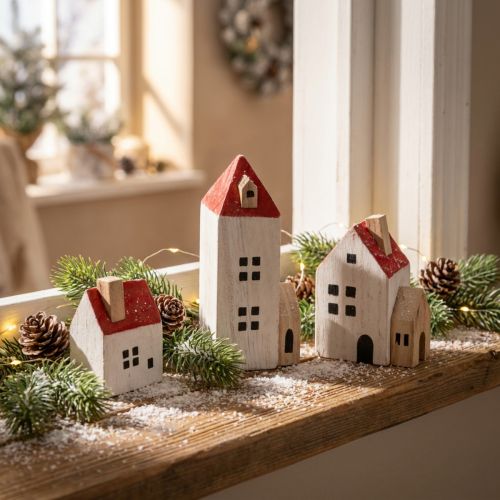 Deko-Holzhaus-Set, rot-weiss, 6-teilig, Höhen 13/9/6 cm, winterliche Innenraumdekoration | Floristik24.ch