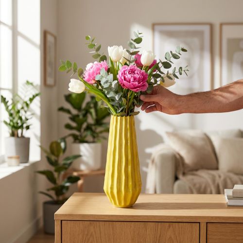 Artikel Keramikvase Gelb 33cm mit Gerilltem Muster für Wohnzimmerdekoration