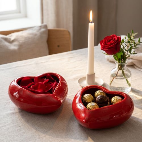 Rote Keramik-Herzschalen 13×15×6,5 cm Glänzend – 2er Set | Floristik24.ch