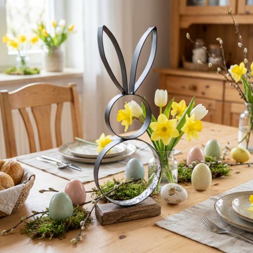 Osterhase aus Metall mit Holzsockel 13,5×37cm Schwarz Silber für Frühlingsdeko | Floristik24.ch