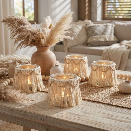 Windlicht Glas Makramee Fransen Creme Ø9,5cm 4 Stück | Floristik24.ch