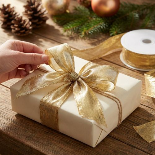 Artikel Dekoband mit Drahtkante Gold 25mm x 25m aus Polyester und Polyamid