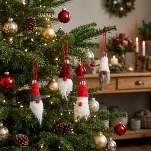 Weihnachtswichtel zum Hängen mit Strickmütze 12 Stück, Rot, Weiss, Grau, 10–12 cm | Floristik24.ch