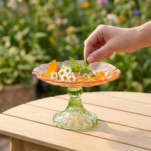 Dekoteller aus Glas mit Fuss Blütenform, 15 cm, Orange und Grün | Floristik24.ch
