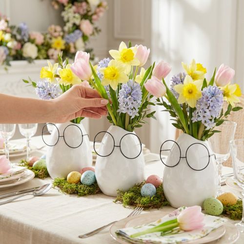 Keramik-Vase Weiss Ø8,5cm H13cm mit Metallbrille, 3er-Set, Osterdekoration | Floristik24.ch