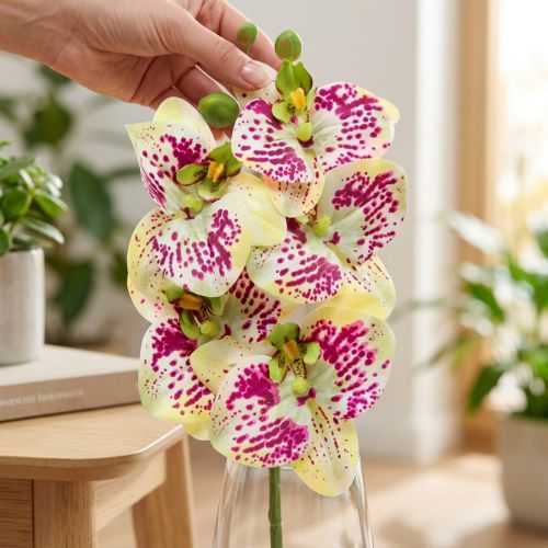 Künstlicher Orchideenzweig aus Kunststoff und Textilfaser Grün Pink 49cm | Floristik24.ch