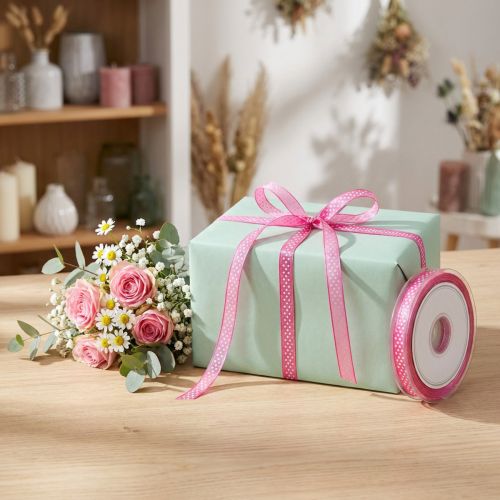 Artikel Organzaband Pink mit weissen Punkten 7mm x 20m für Dekoration und Geschenkverpackung