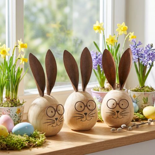 Hasen-Dekofigur aus Holz mit Metallohren und Brille 14 cm - Set aus 3 Figuren für Oster- und Frühlingsdekoration | Floristik24.ch