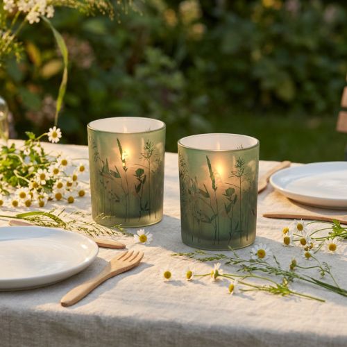 Deko-Glas Windlicht 2er-Set Grün Weiss Wiesenmotiv H12,5cm | Floristik24.ch