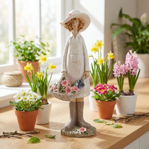Dekofigur Gärtnerin Frau mit Blumen, Polyresin, H21cm, Weiss Rosa | Floristik24.ch