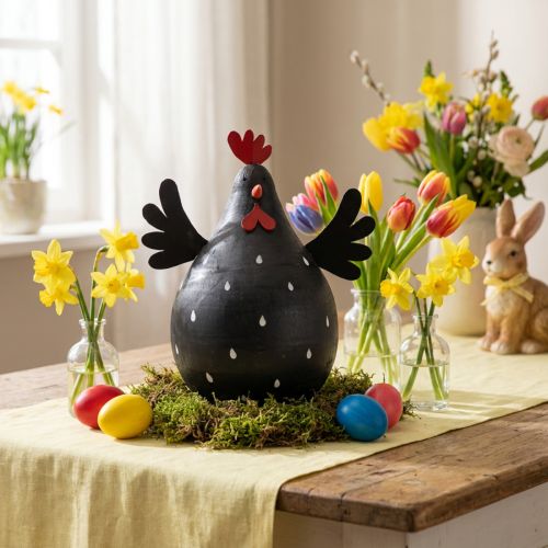 Dekohuhn Holz Schwarz mit Metallflügeln 13cm Osterdeko | Floristik24.ch