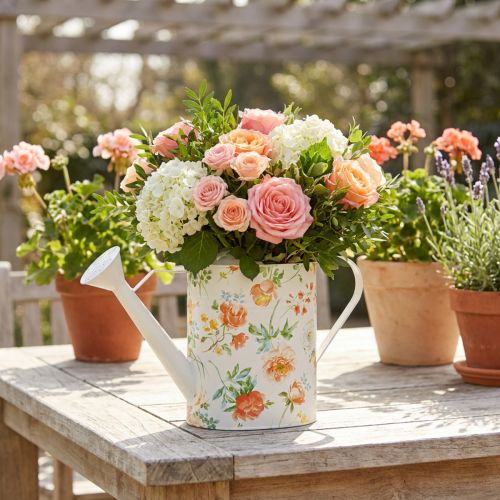 Dekorative Giesskanne aus Metall, 31,5 cm, mit Rosenmotiv, Weiss-Bunt, für Innen- und Aussenbereiche | Floristik24.ch