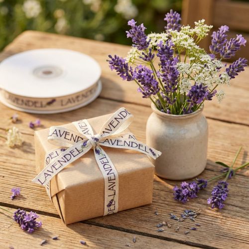 Geschenkband aus Baumwolle mit Lavendel-Motiv 15mm x 15m für Dekorationen | Floristik24.ch
