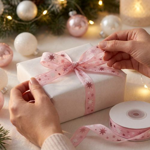 Geschenkband Polyester Rosa mit Sternmuster 15mm x 20m | Floristik24.ch