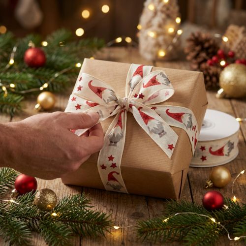 Geschenkband mit Weihnachtsmotiv, creme, 25 mm x 20 m, Baumwolle-Polyamid-Mix | Floristik24.ch