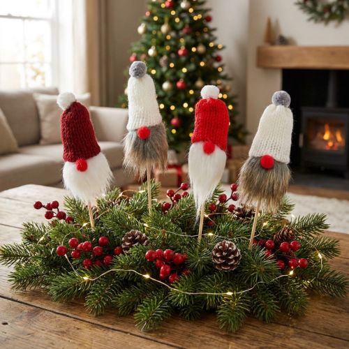 Weihnachtswichtel zum Stecken mit Strickmützen in Rot, Weiss und Grau, 11–13 cm Figurenhöhe, Set mit 12 Stück | Floristik24.ch