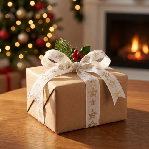 Weihnachts-Dekoband Polyester 25mm 18m Weiss Gold mit Sternenmotiv | Floristik24.ch