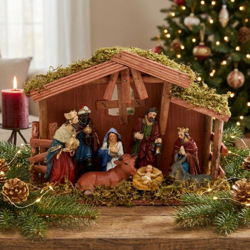 Weihnachtskrippe aus Holz und Moos 8-teilig 30x21x10cm | Floristik24.ch