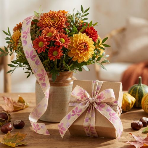 Geschenkband Polyester mit Herbstlaub-Motiv 25mm x 20m Beige Lila Rosa | Floristik24.ch