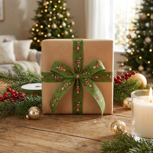 Grünes Dekoband mit Rentiermotiv 25mm x 20m aus Baumwolle für Weihnachten | Floristik24.ch