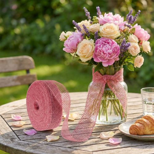 Juteband Gitterstruktur Rosa 5cm x 40m – Dekoband aus Naturfaser | Floristik24.ch