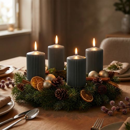 Stumpenkerzen Set Anthrazit mit Rillen 70x90mm – 4 Stück für Advent und Deko | Floristik24.ch
