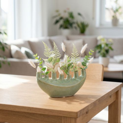 Keramikvase Schiffchenform mit 7 Öffnungen, Hellgrün 23×8,5×11 cm | Floristik24.ch
