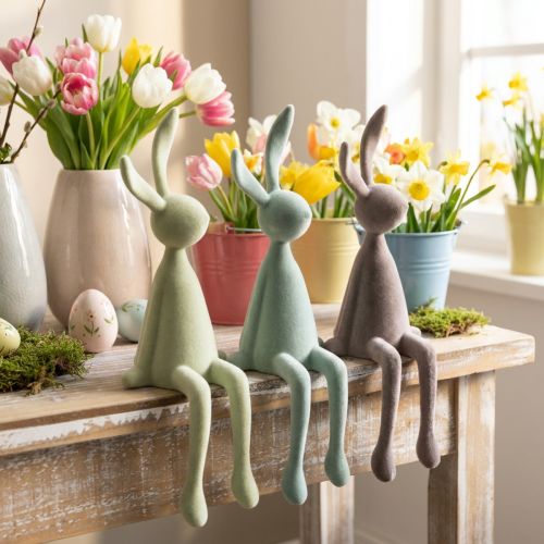 Osterhasen-Dekofiguren beflockt, sitzend, 36 cm, Grün und Braun, 3er-Set, für Innen | Floristik24.ch