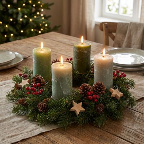 Artikel Stumpenkerzen Set 70x120mm Grün 3 Farbtöne, Durchgefärbt, 12 Stück, Tischdekoration