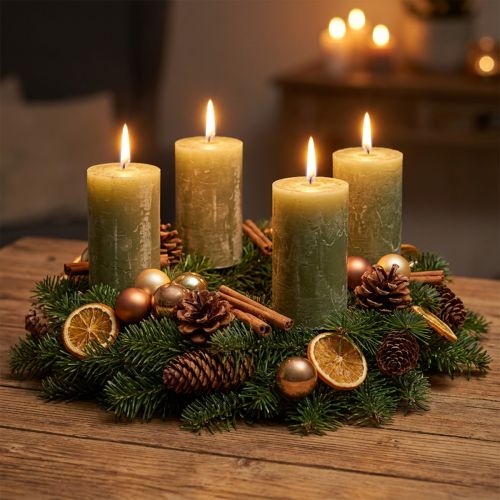 Durchgefärbte Stumpenkerzen aus Wachs, 70 × 120 mm, Olivgrün, 4er Set, für Dekoration und Advent | Floristik24.ch