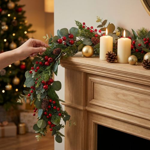 Weihnachtsgirlande aus künstlichen Tannenzweigen, Eukalyptus und Beeren, 160 cm, grün-rot | Floristik24.ch