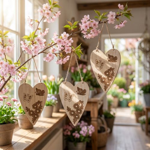 Dekohänger Holz Herz mit Schmetterling und Blumenmotiv 13,5x20cm Natur 6 Stück | Floristik24.ch