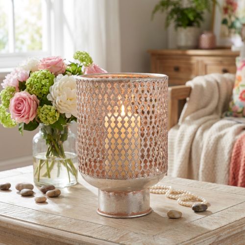 Windlicht aus Metall mit Glas, Silber und Rosa, Ø18cm, Höhe 27cm | Floristik24.ch