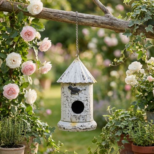 Artikel Deko-Vogelhaus aus Metall zum Hängen, cremeweiss, Ø19,5 cm, Höhe 36 cm, für Garten oder Terrasse