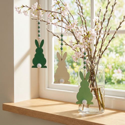 Holz-Osteranhänger Hasen 3er-Set, 13cm, Grün-Weiss, Frühjahrsdeko | Floristik24.ch