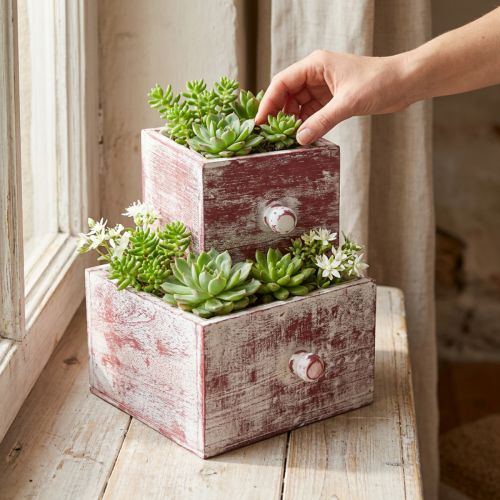 Pflanzkasten Holz Shabby Chic Schubladen 2er-Set Rot Weiss 16x16x10,5cm / 12x12x10,5cm | Floristik24.ch