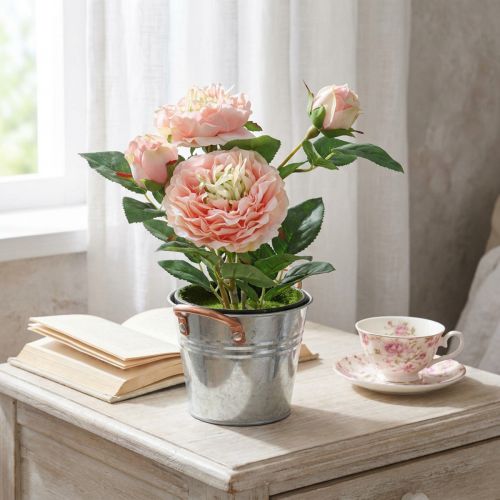 Deko-Rose im schwarzen Topf, künstliche Pfingstrose, Höhe 28 cm, Rosa | Floristik24.ch