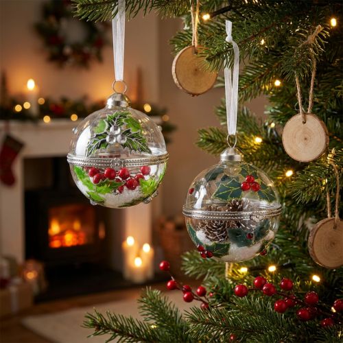 Christbaumkugeln aus Glas zum Befüllen Stechpalmenmotiv Ø6 cm 2 Stück | Floristik24.ch