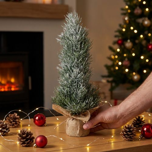 Künstlicher Mini-Weihnachtsbaum beschneit im Jutesack H41cm Grün-Weiss | Floristik24.ch